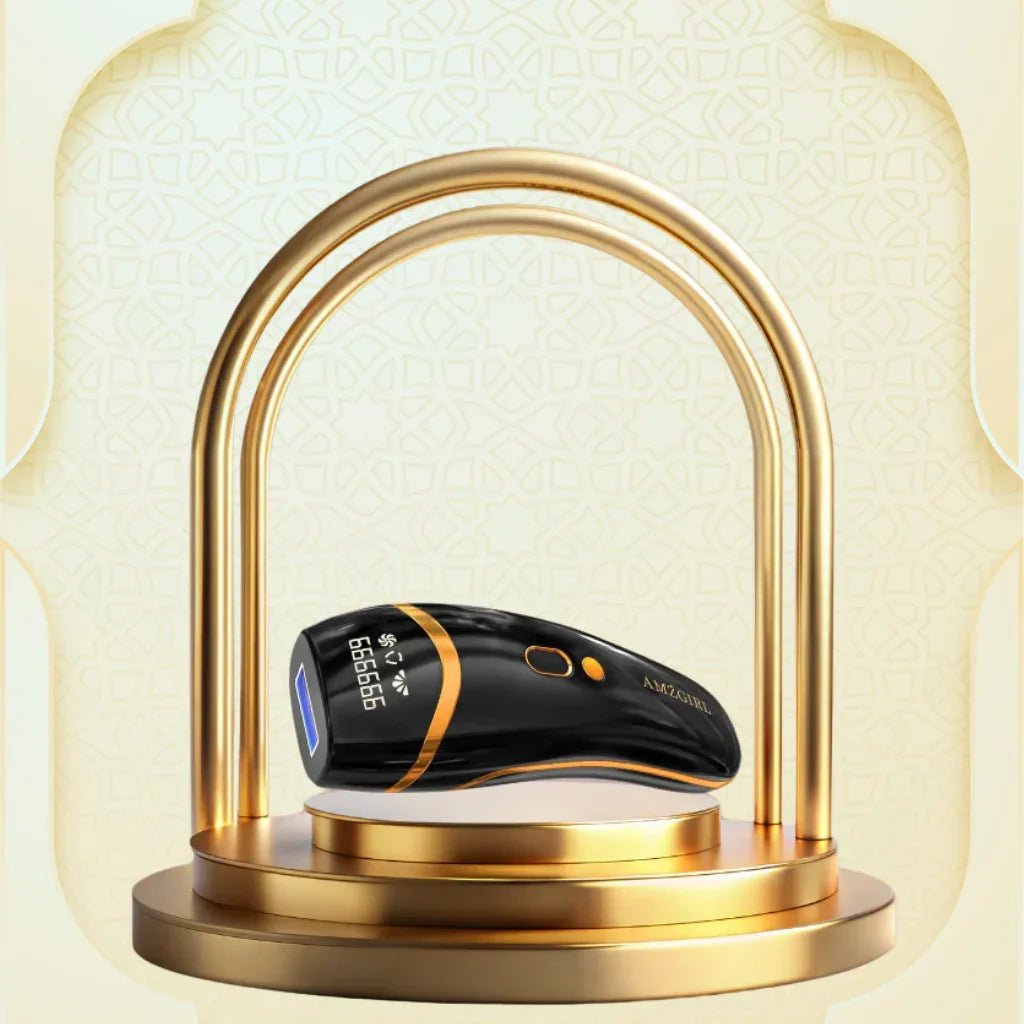 Black IPL hair removal device with gold accents on a decorative stand