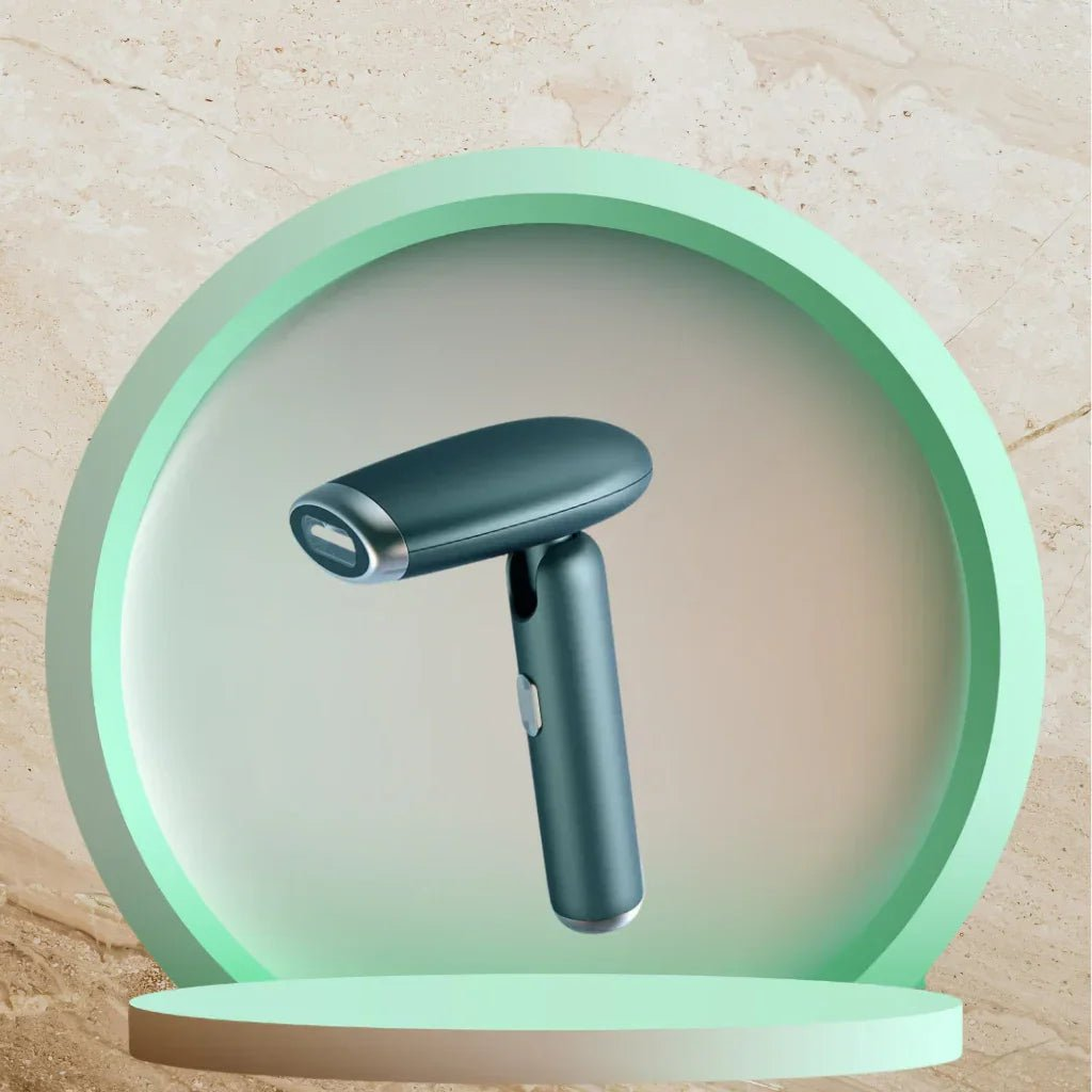 IPL hair removal device with a green circular light on a beige background