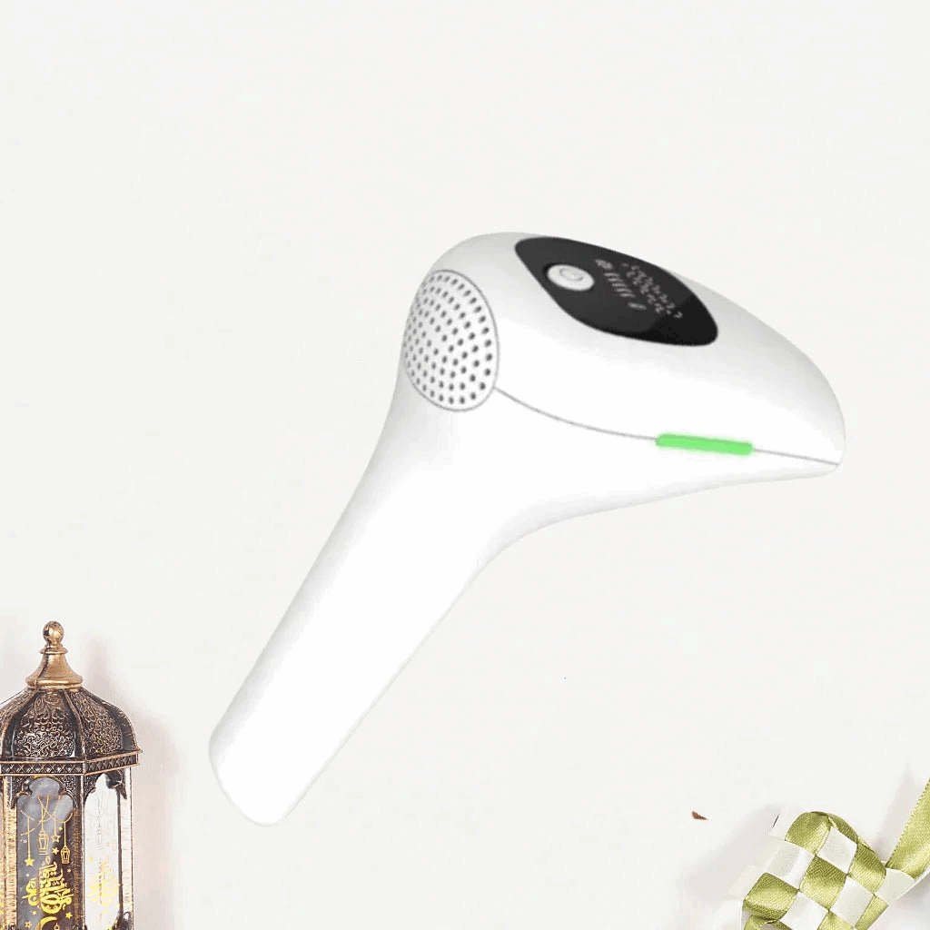 White IPL hair removal device with a green ribbon on a white background