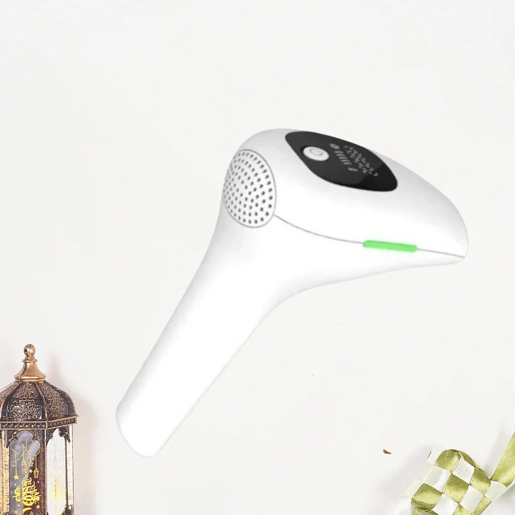 White IPL hair removal device with a green ribbon on a white background
