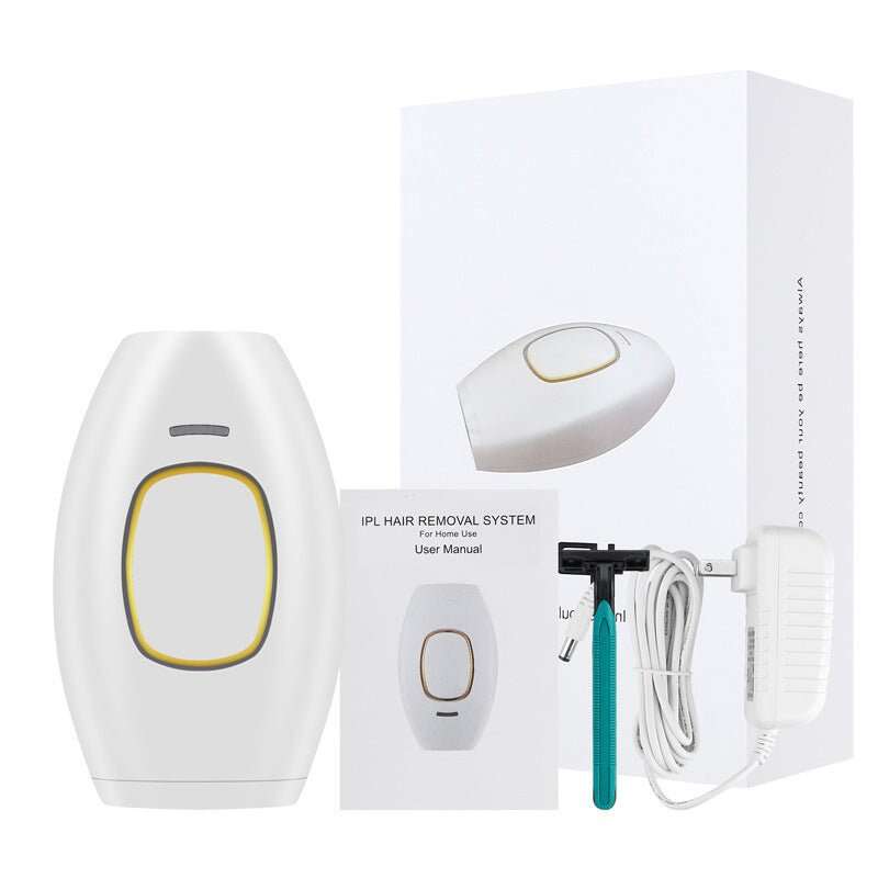 IPL hair removal system with device, power cable, and user manual on a white background