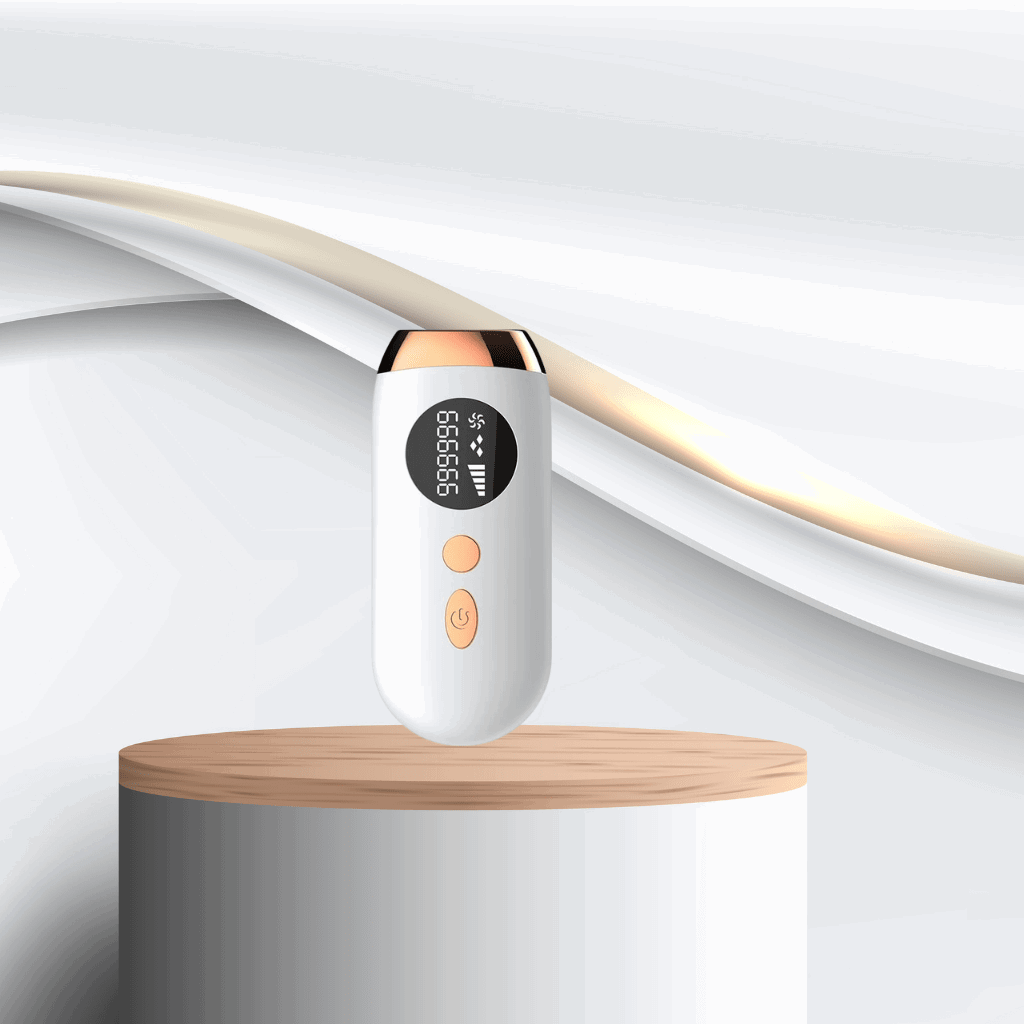 White IPL hair removal device with digital display on a wooden stand against a light gray background