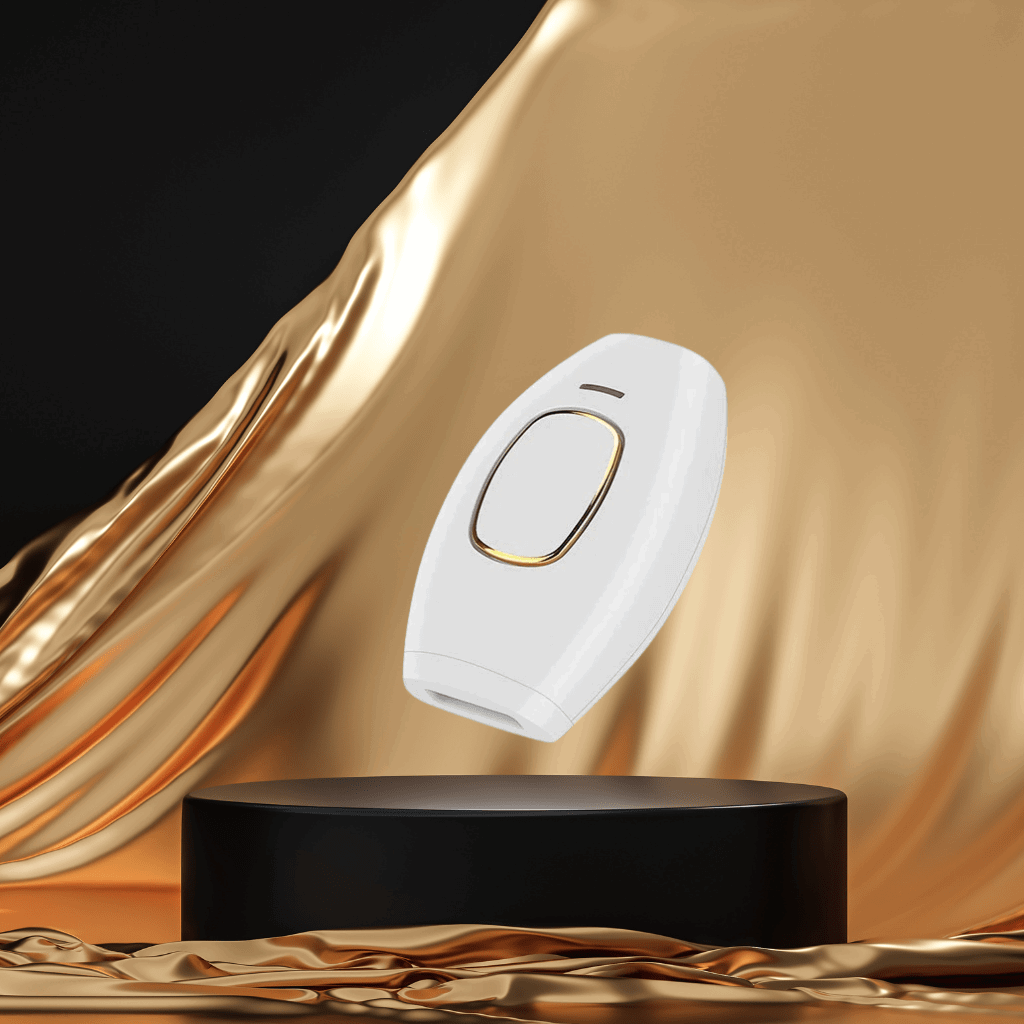 White IPL hair care device with gold accents on a black pedestal against a gold fabric background