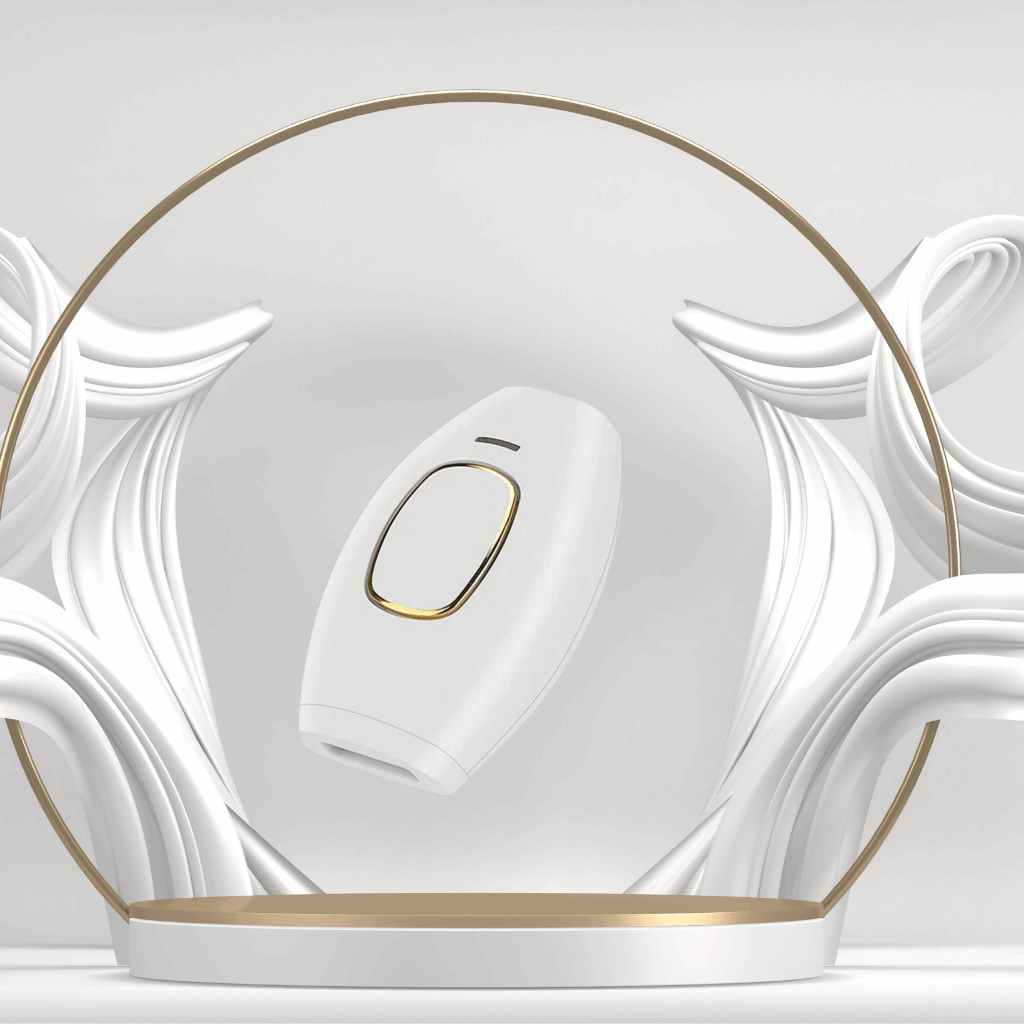 White IPL hair care device with gold accents on a decorative white background