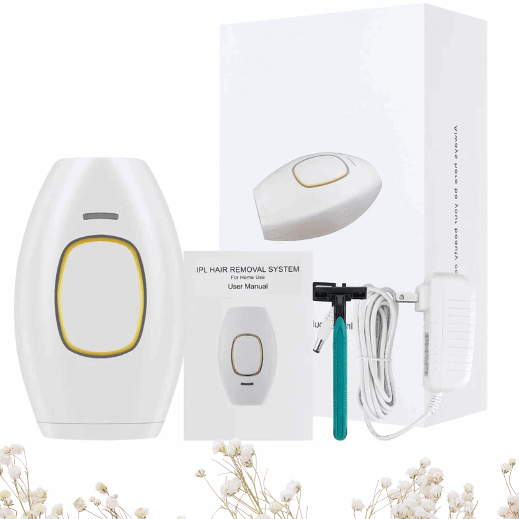 IPL hair removal system with packaging and accessories on a white background