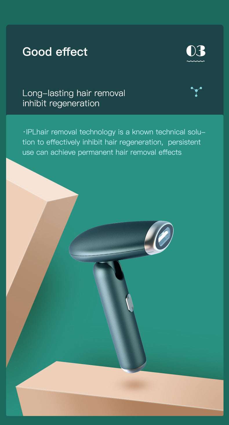 IPL hair removal device with text about long-lasting hair removal on a green background