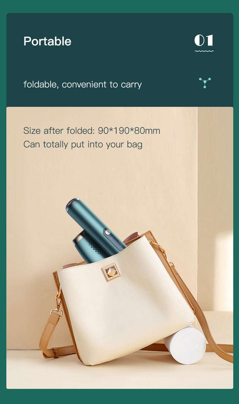 Portable folding IPL hair removal device in a beige handbag with text on a teal background
