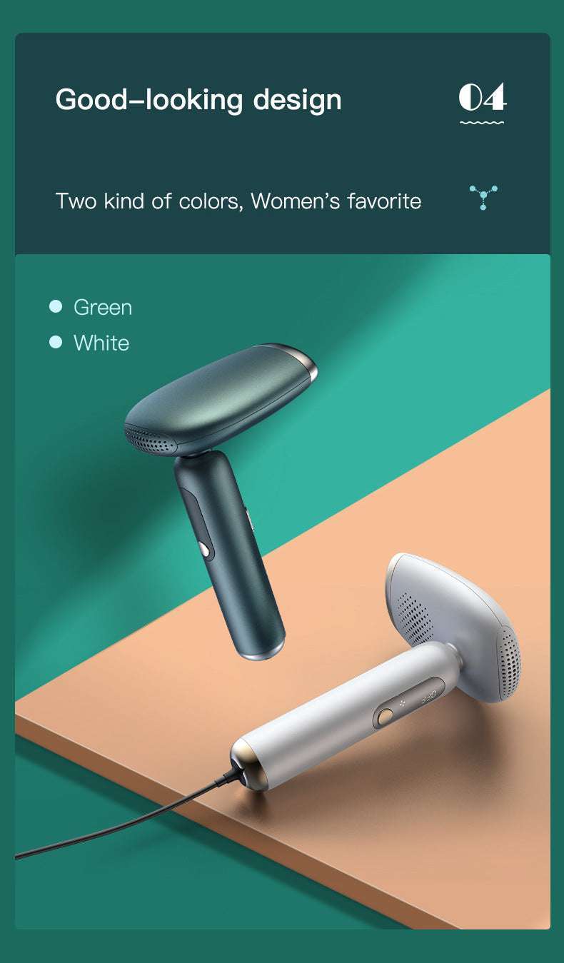 Two IPL hair removal device, one green and one white, on a green and brown background with text about design and color options.