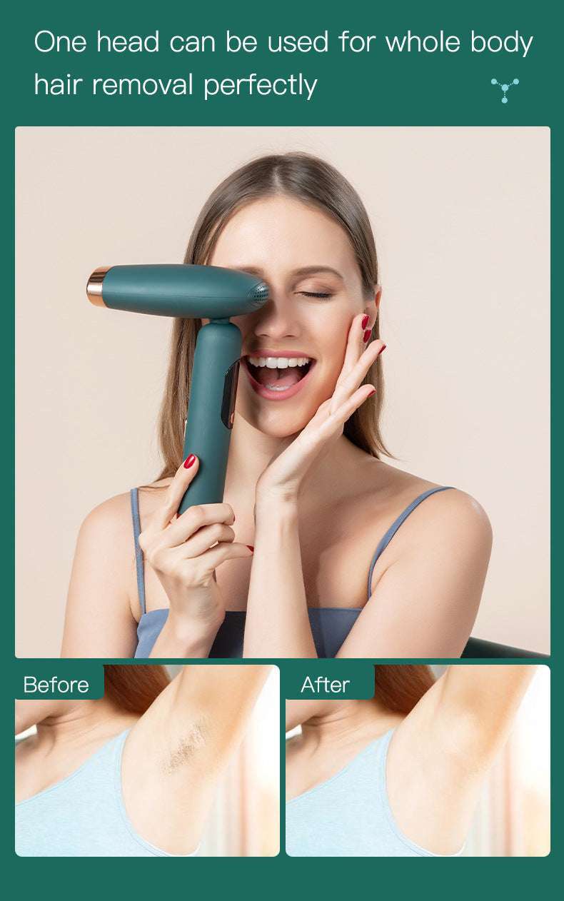 Woman using an IPL hair removal device with 'Before' and 'After' images on a beige background