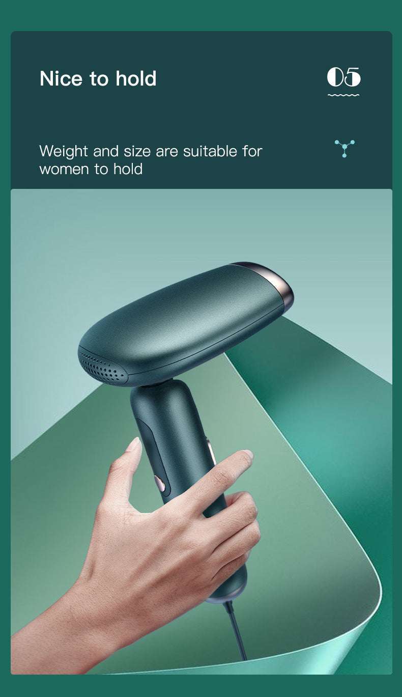 Hand holding an IPL hair removal device with text about weight and size suitability for women on a green background
