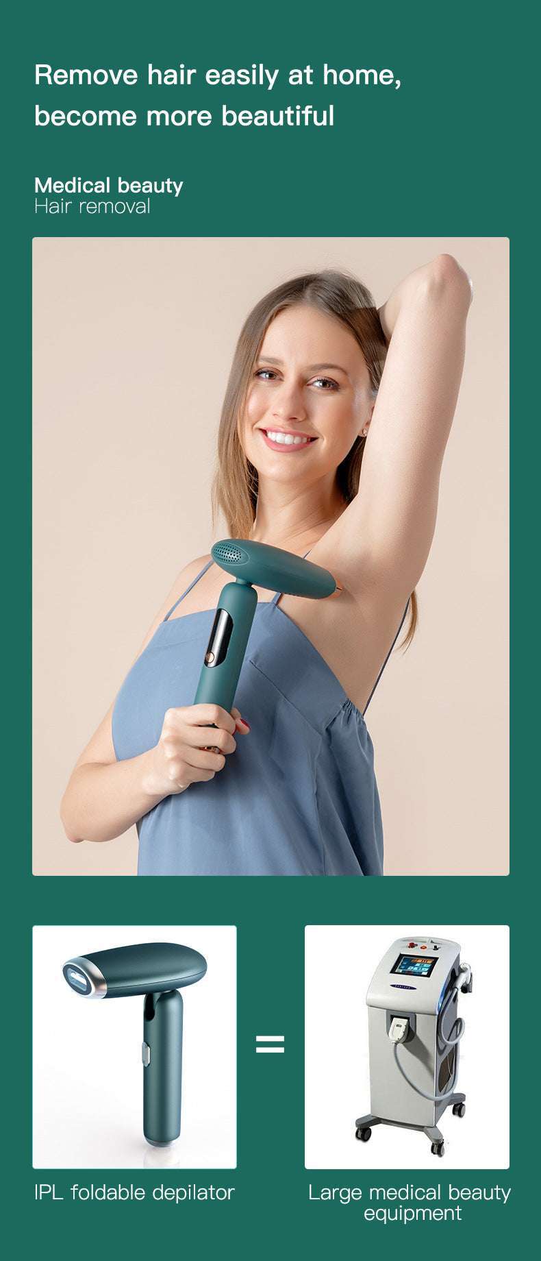 Woman using an IPL hair removal device with text about home hair removal and medical beauty equipment.