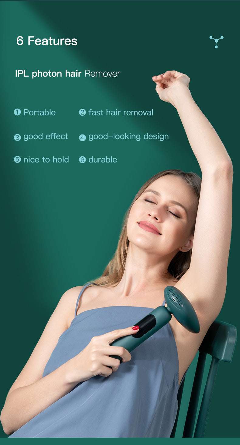 Woman using an IPL photon hair remover with features listed on a green background