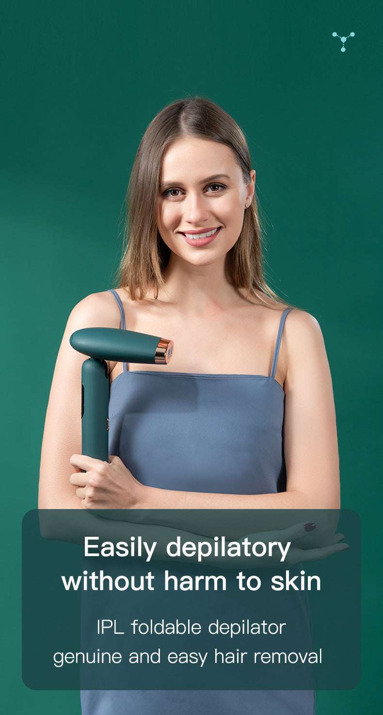 Woman holding an IPL hair removal device with a green background