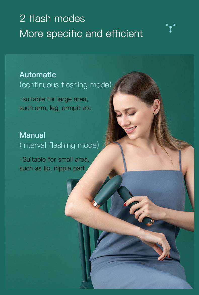 Woman using an IPL hair removal device on her arm with text about flash modes on a green background