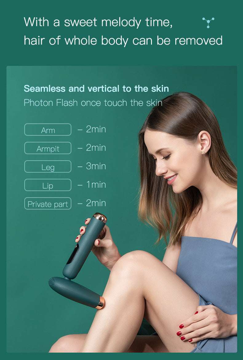 Woman using an IPL hair removal device for hair removal with text on a green background