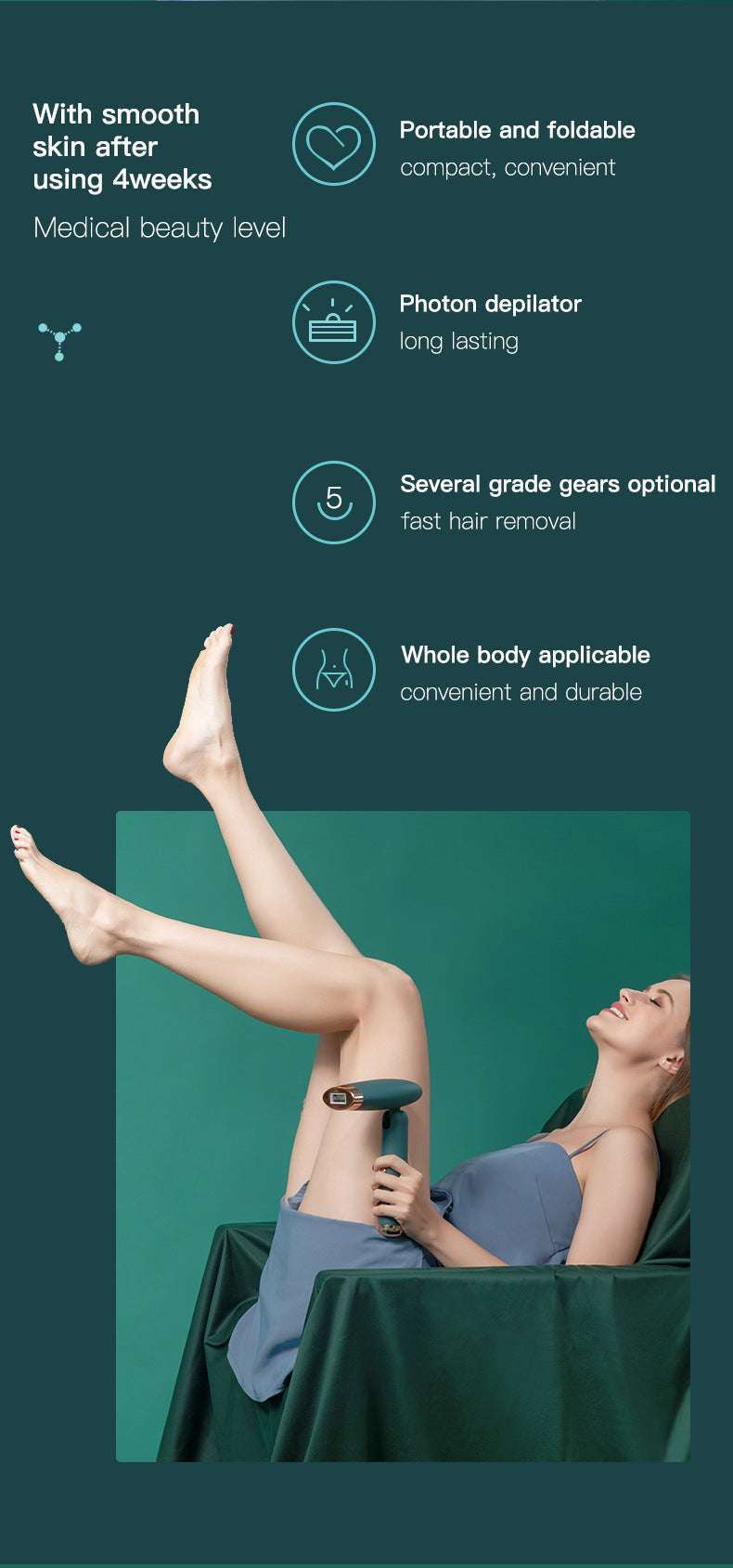 Woman using an IPL hair removal device with text highlighting features on a green background