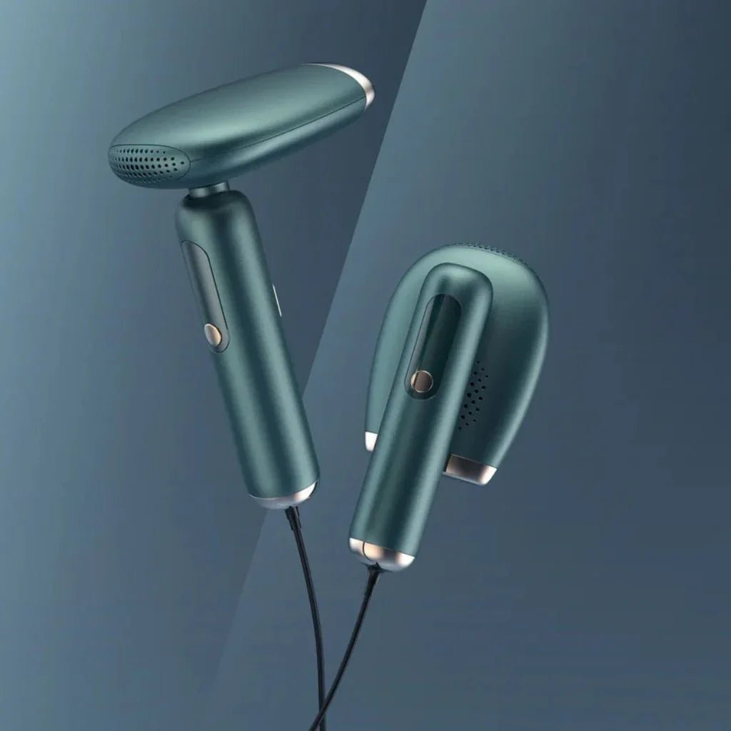 Two green IPL hair removal device on a blue gradient background