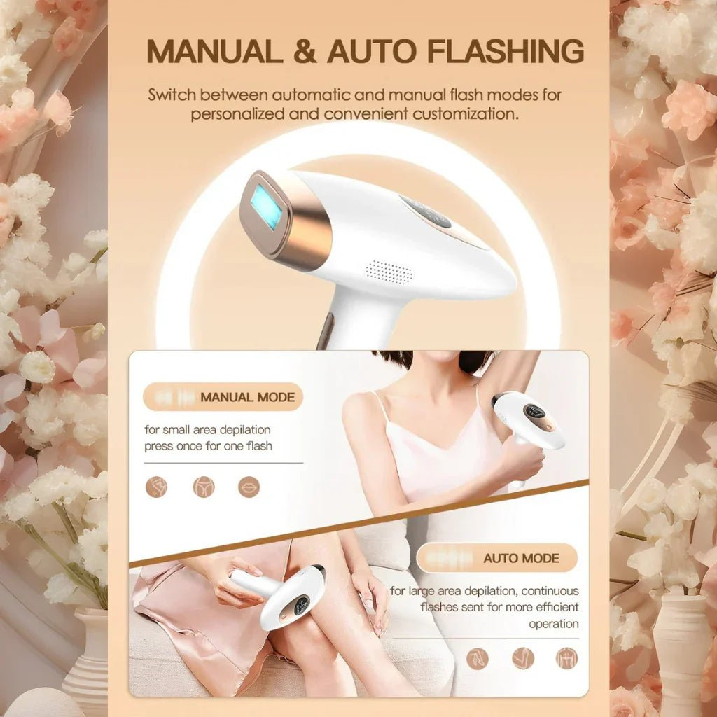 IPL hair removal device with manual and auto flashing modes on a decorative background