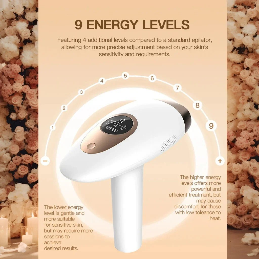 IPL hair removal device with energy level display on a beige background with floral decorations