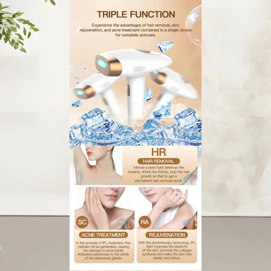 Advertisement for a triple-function IPL hair removal device with text and images of skin benefits.