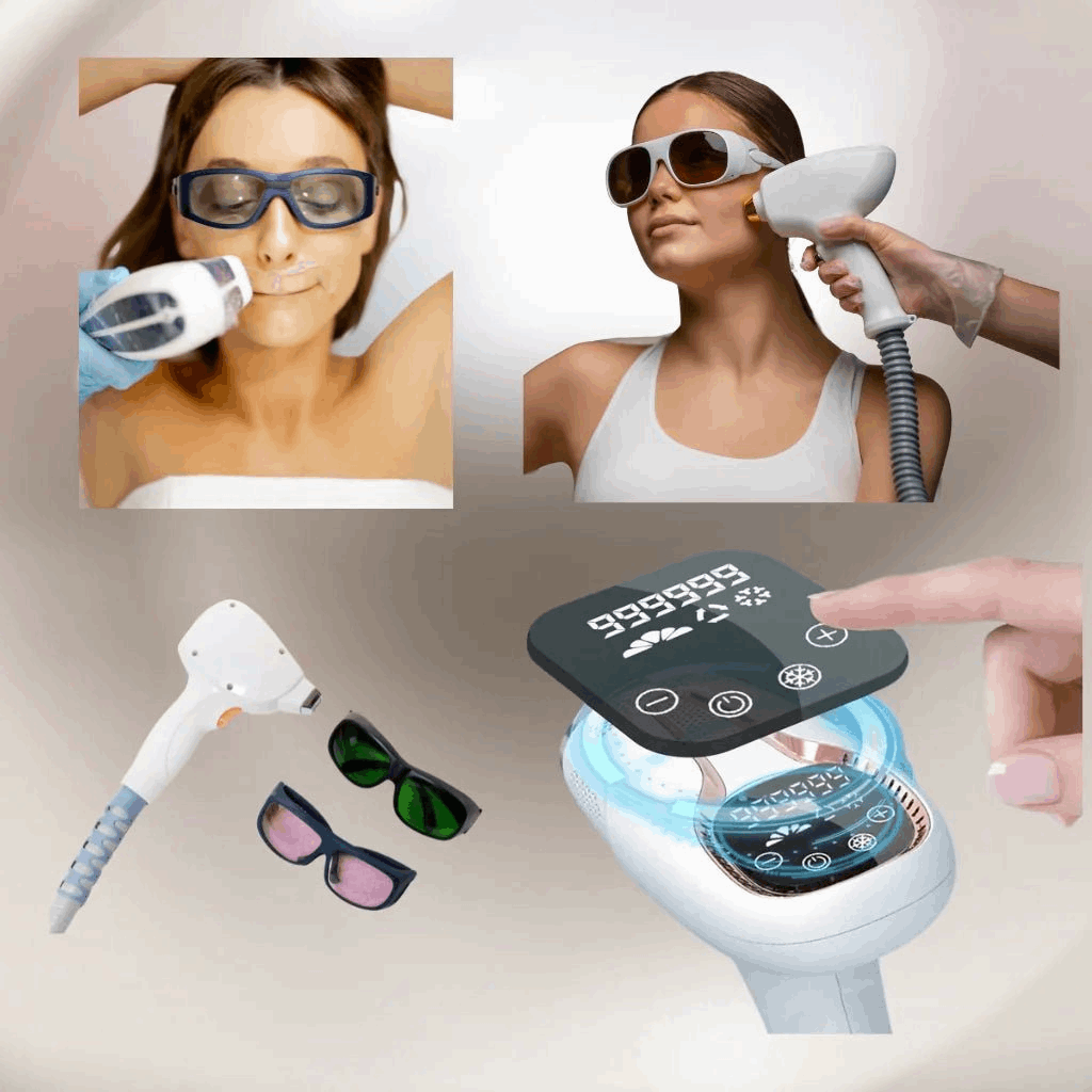 Collage of a IPL hair removal device with a woman using it, close-up of the device, and additional accessories.