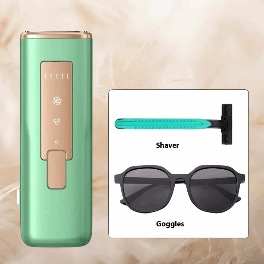 Green IPL hair removal device with inset of shaver and sunglasses on a beige background