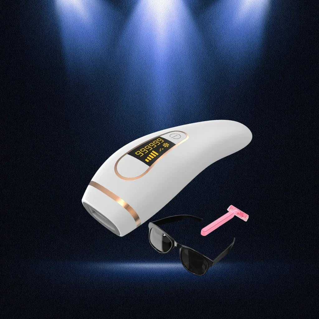 White IPL hair removal device with sunglasses and a pink tool on a dark background