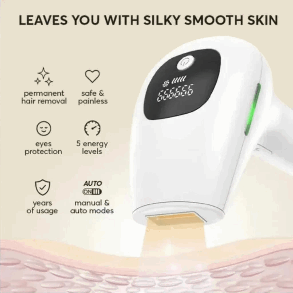 IPL hair removal device with text highlighting features on a beige background