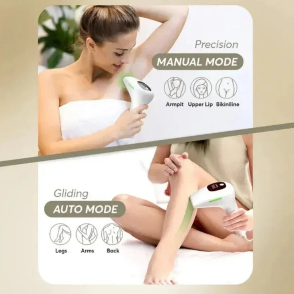 Woman using an IPL hair removal device with labeled modes on a beige background