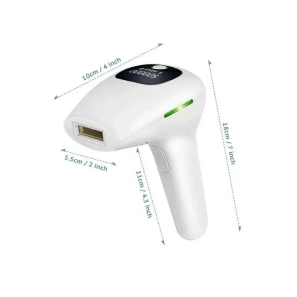 White laser IPL hair removal device with dimensions indicated on a white background