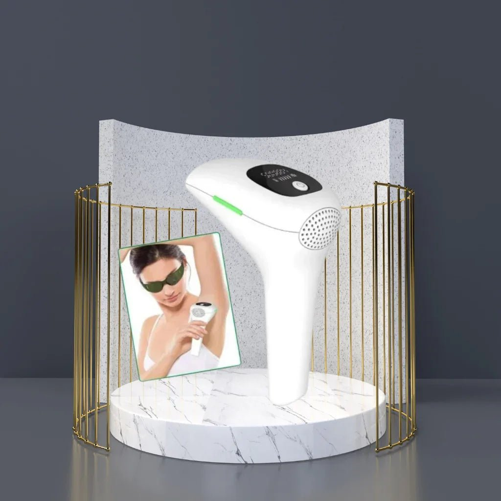 White IPL hair removal device on a marble platform with gold frame against a dark background