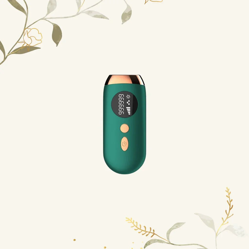 Green IPL hair removal device with digital display on a white background