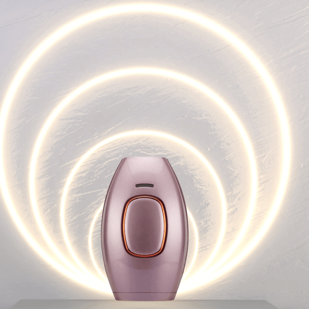 Pink IPL hair care device with concentric circular light effects on a white background
