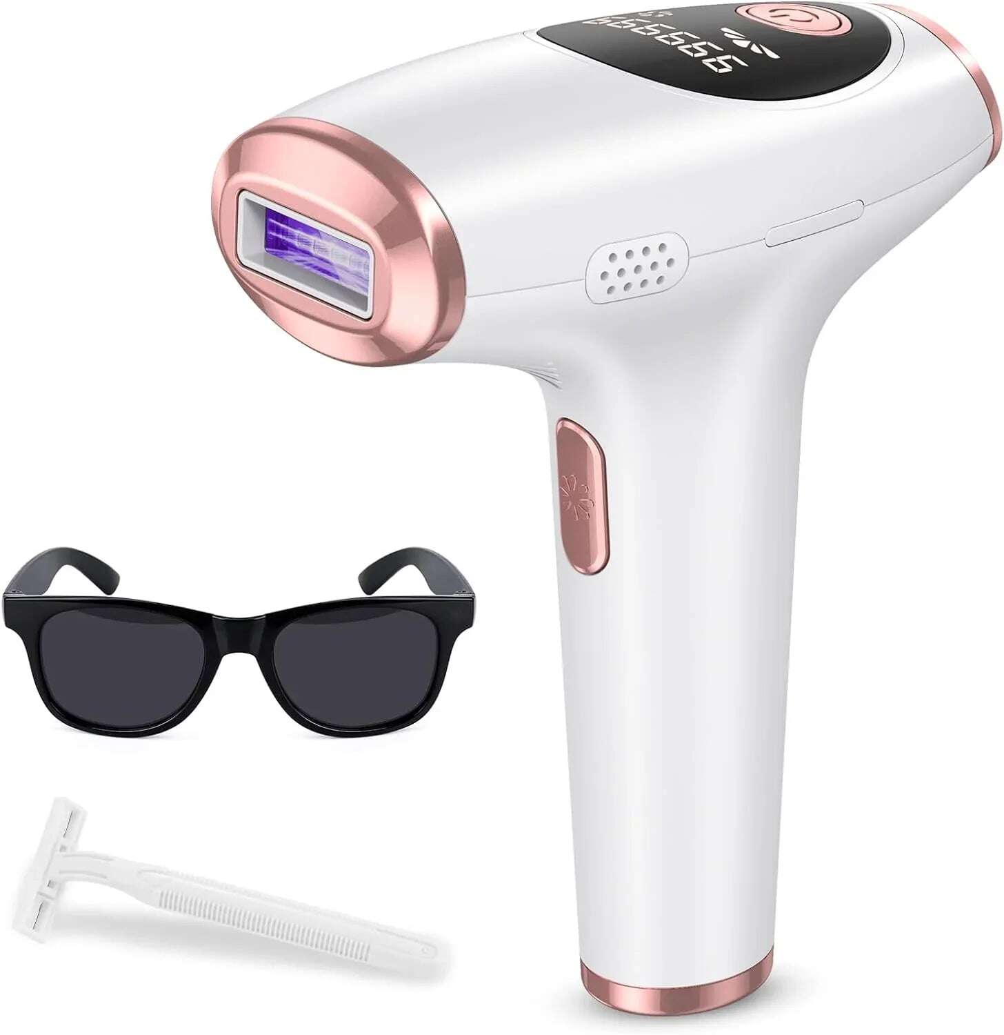 White and rose gold IPL hair removal device with sunglasses and a razor on a white background