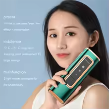 Woman holding a green IPL hair removal device with text on a light blue background
