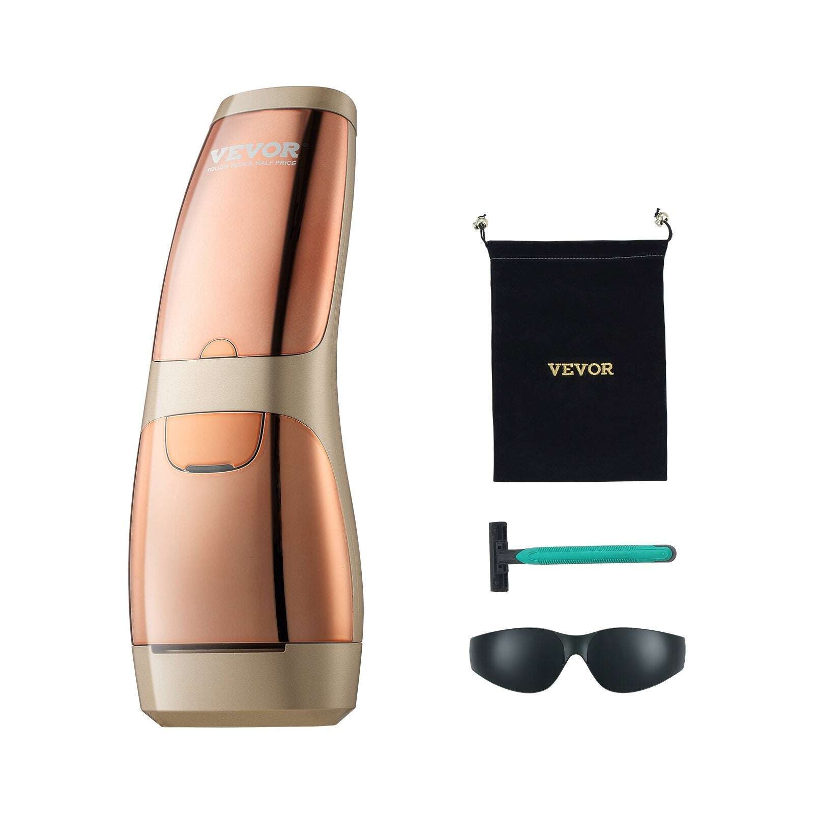 Rose gold Vevor IPL hair reduction device with black pouch, green razor, and sunglasses on a white background