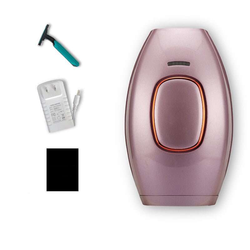 Rose gold laser IPL hair care device with a razor and instructions on a white background