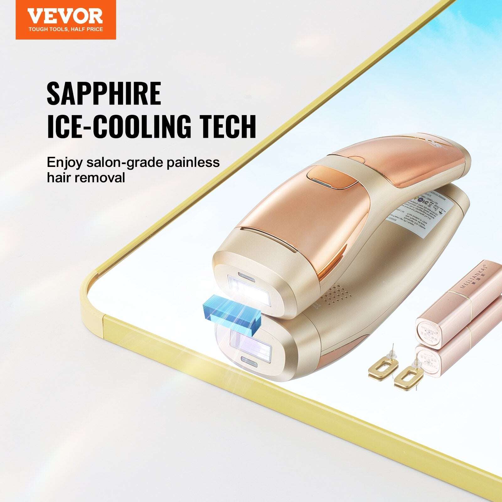 IPL Hair reduction device with Sapphire Ice-Cooling Tech on a white background, featuring VEVOR branding.