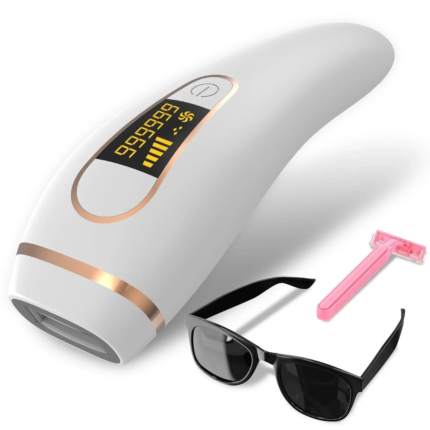 White IPL hair removal device with digital display, black sunglasses, and pink razor on a white background