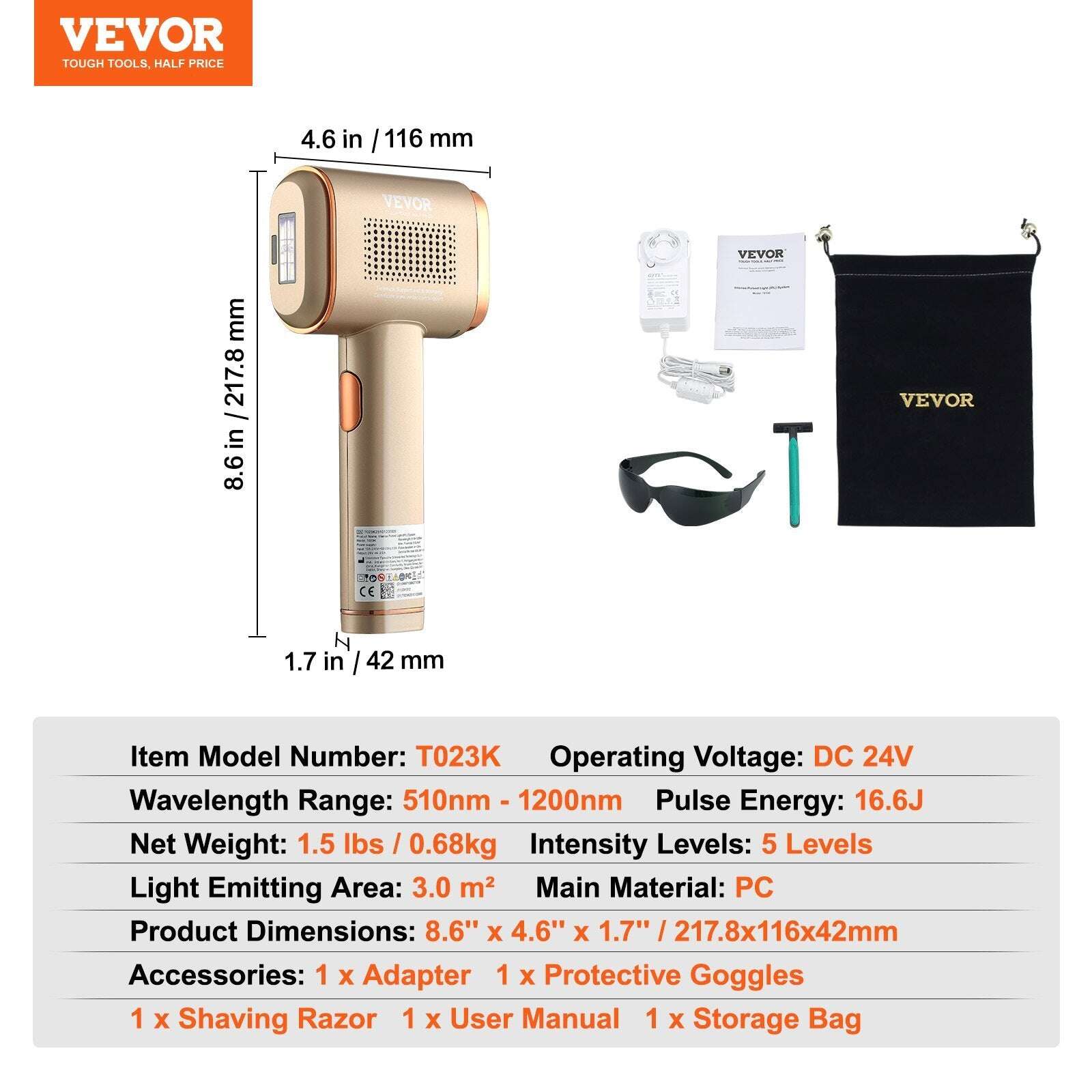 Vevor lIPL Hair reduction device with dimensions, accessories, and specifications on a white background.
