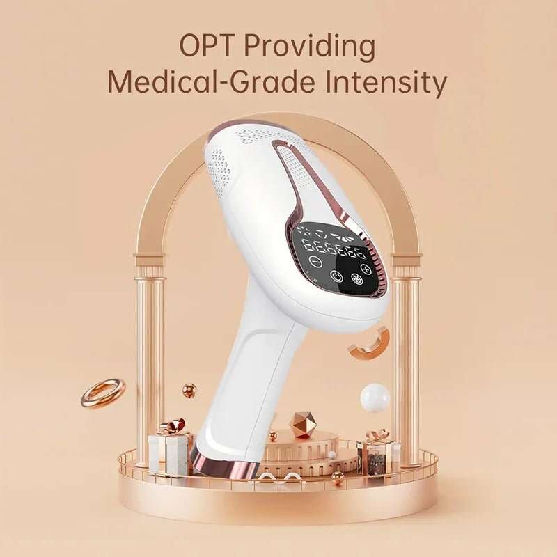 IPL hair removal device on a decorative stand with text about 999k intensity.
