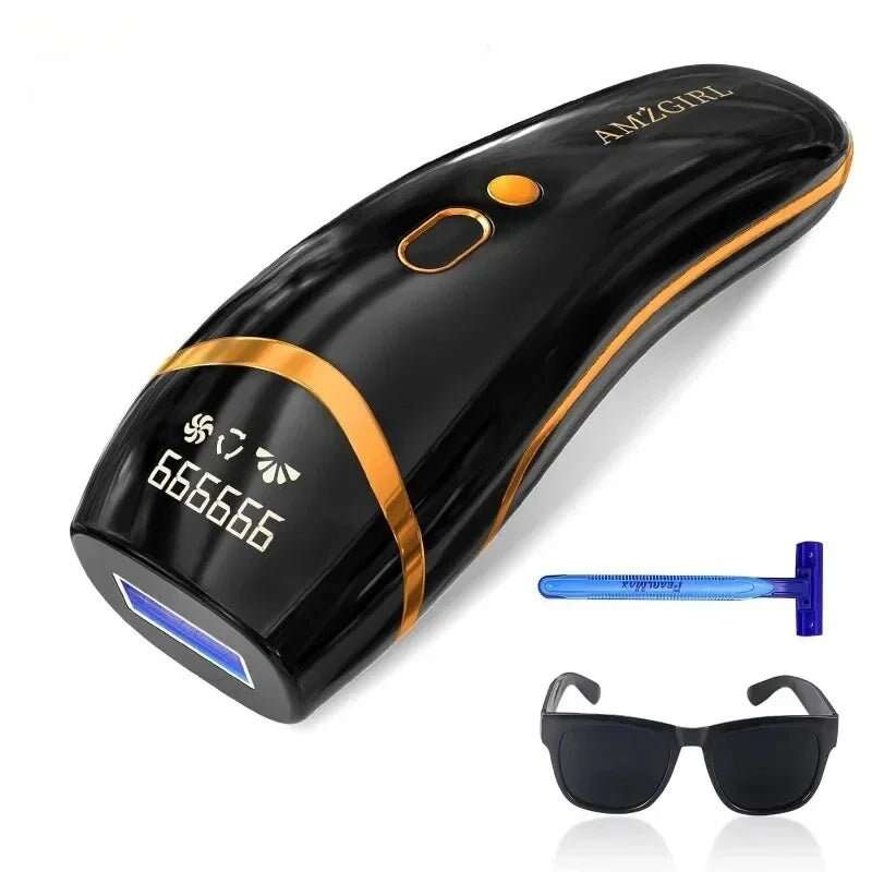 Black and gold IPL hair removal device with a blue razor and black sunglasses on a white background