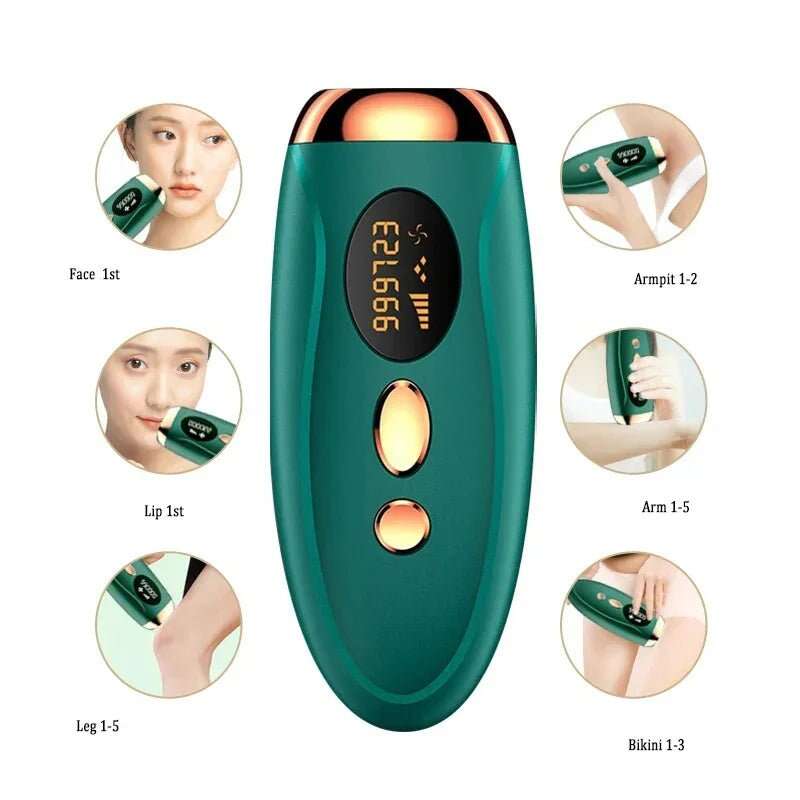 Green laser hair care device with digital display and application areas shown.