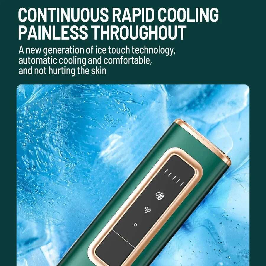 Green IPL hair removal device with cooling technology on a blue water background