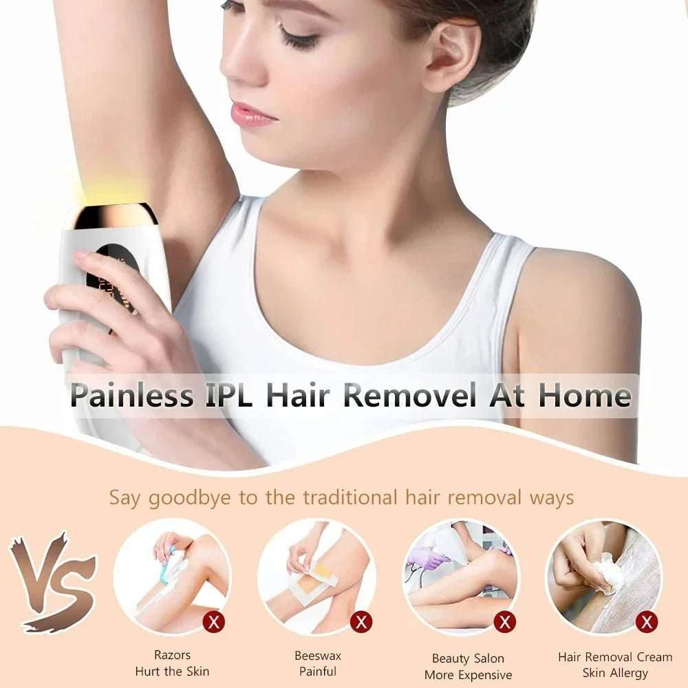 Woman using a hair care device with text about painless IPL hair removal at home.