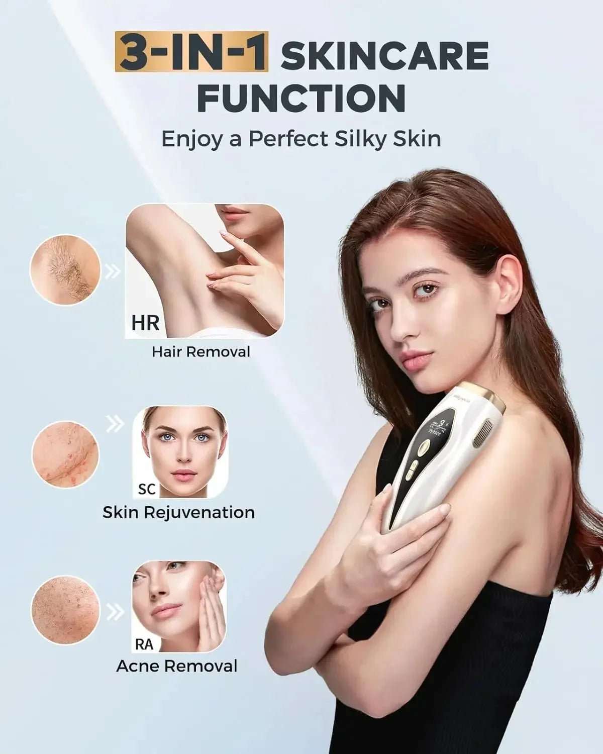 Woman holding a IPL hair removal device with text on 3-in-1 skincare function on a light gray background