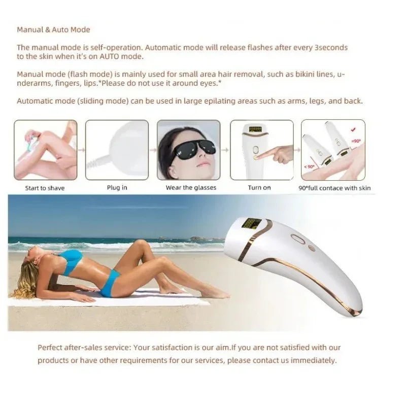 IPL hair removal device with usage instructions and a beach scene with a woman in a bikini.