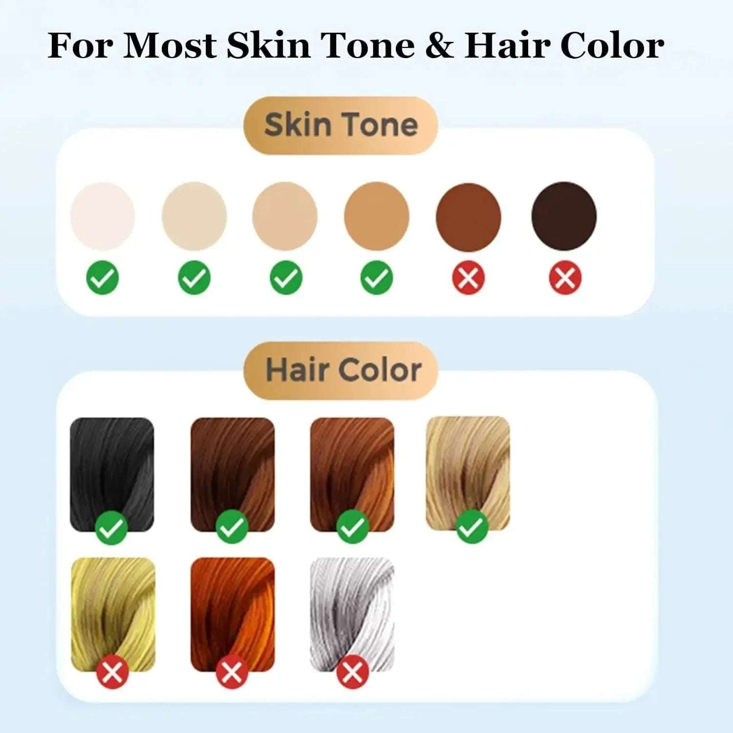 Color chart for skin tone and hair color with color swatches and checkmarks.