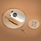 Jewelry set with a IPL hair removal device, feather, and earrings on a decorative surface.