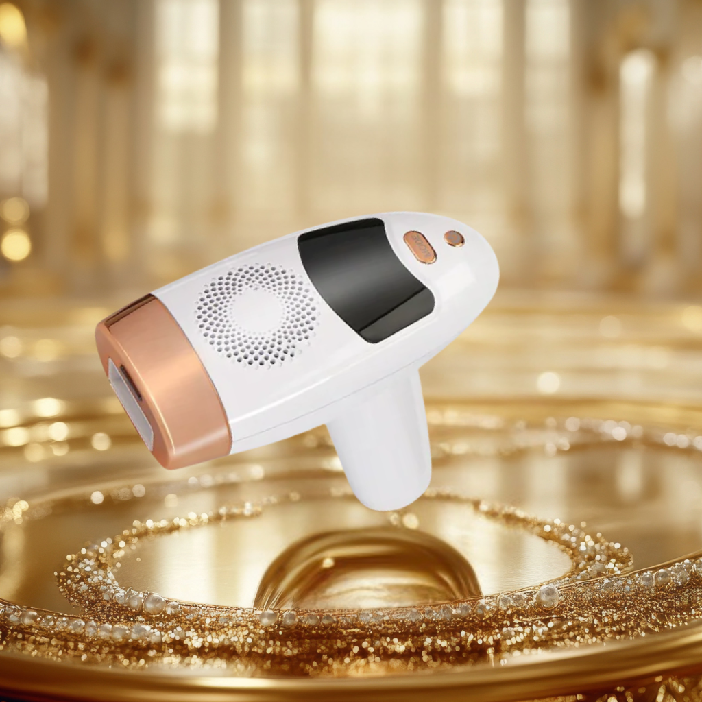 White and rose gold IPL hair removal and care device on a reflective gold surface with blurred background